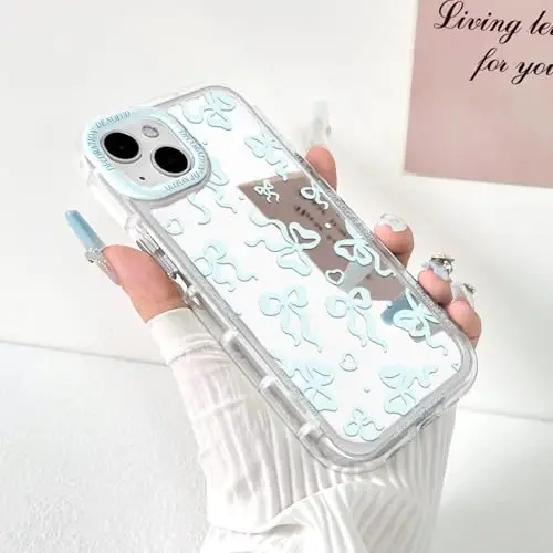 NITITOP Compatible with iPhone 13 Case Cute Mirror Bow Love Heart Pattern for Women Girls Ribbon Design Shockproof Silver Protective Phone Cover - Blue Bow - NITITOP (1)