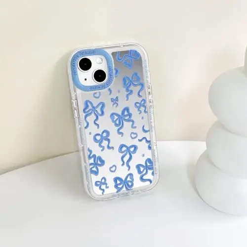NITITOP Compatible with iPhone 13 Case Cute Mirror Bow Love Heart Pattern for Women Girls Ribbon Design Shockproof Silver Protective Phone Cover - Indigo Blue Bow - 7