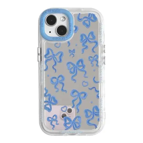 NITITOP Compatible with iPhone 13 Case Cute Mirror Bow Love Heart Pattern for Women Girls Ribbon Design Shockproof Silver Protective Phone Cover - Indigo Blue Bow - 1