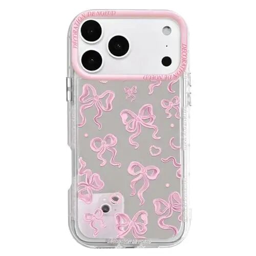 NITITOP Compatible with iPhone 13 Case Cute Mirror Bow Love Heart Pattern for Women Girls Ribbon Design Shockproof Silver Protective Phone Cover - Pink Bow - NITITOP