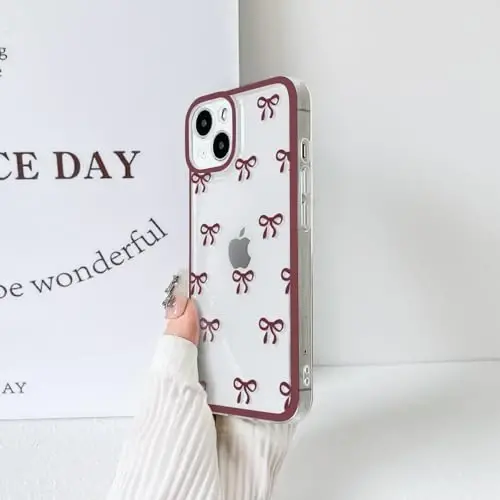 NITITOP Compatible with iPhone 13 Case Cute Clear Durable Ribbon Bowknot Pattern for Girls Women Soft TPU Transparent Full Camera Lens Shockproof Protective Phone Cover - Wine Red - 7