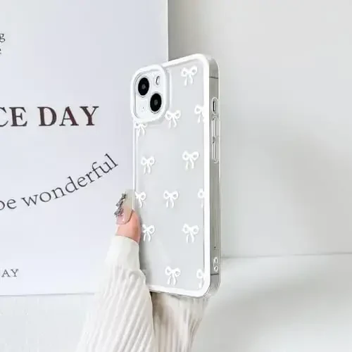 NITITOP Compatible with iPhone 13 Case Cute Clear Durable Ribbon Bowknot Pattern for Girls Women Soft TPU Transparent Full Camera Lens Shockproof Protective Phone Cover - White - 9