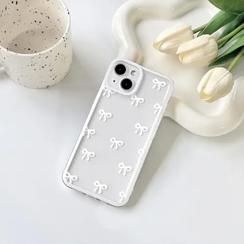 NITITOP Compatible with iPhone 13 Case Cute Clear Durable Ribbon Bowknot Pattern for Girls Women Soft TPU Transparent Full Camera Lens Shockproof Protective Phone Cover - White - NITITOP (1)