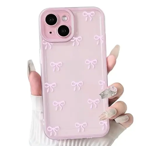 NITITOP Compatible with iPhone 13 Case Cute Clear Durable Ribbon Bowknot Pattern for Girls Women Soft TPU Transparent Full Camera Lens Shockproof Protective Phone Cover - Pink 