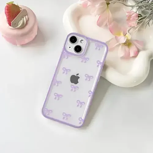 NITITOP Compatible with iPhone 13 Case Cute Clear Durable Ribbon Bowknot Pattern for Girls Women Soft TPU Transparent Full Camera Lens Shockproof Protective Phone Cover - Purple - NITITOP (1)