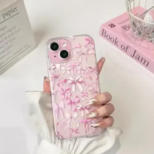NITITOP Compatible with iPhone 13 Case Cute Clear Bowknot Design for Women Girls Pink Bow Ribbon Soft Fit Slim Stylish Protective Phone Cover - Pink - 3
