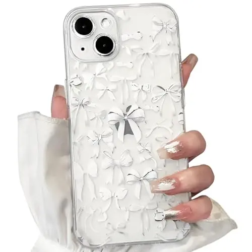 NITITOP Compatible with iPhone 13 Case Cute Clear Bowknot Design for Women Girls White Bow Ribbon Soft Fit Slim Stylish Protective Phone Cover - White - 1