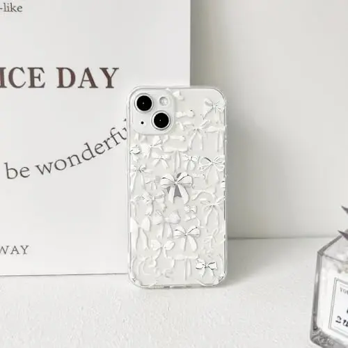 NITITOP Compatible with iPhone 13 Case Cute Clear Bowknot Design for Women Girls White Bow Ribbon Soft Fit Slim Stylish Protective Phone Cover - White - 6
