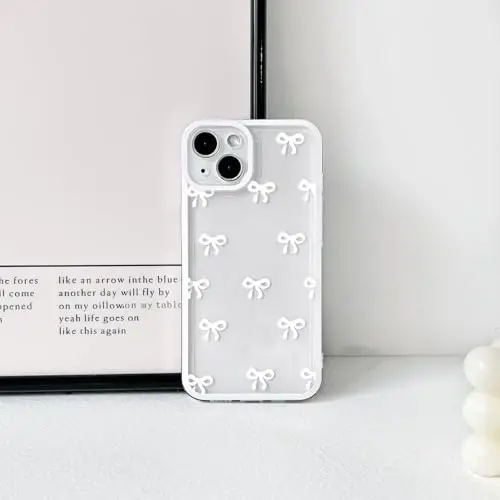 NITITOP Compatible with iPhone 13 Mini Case Cute Clear Durable Ribbon Bowknot Pattern for Girls Women Soft TPU Transparent Full Camera Lens Shockproof Protective Phone Cover - White 