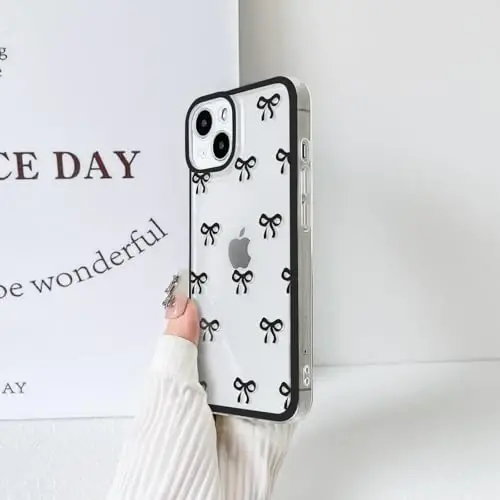 NITITOP Compatible with iPhone 13 Mini Case Cute Clear Durable Ribbon Bowknot Pattern for Girls Women Soft TPU Transparent Full Camera Lens Shockproof Protective Phone Cover - Black 