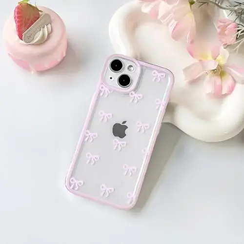 NITITOP Compatible with iPhone 13 Mini Case Cute Clear Durable Ribbon Bowknot Pattern for Girls Women Soft TPU Transparent Full Camera Lens Shockproof Protective Phone Cover - Pink - 2