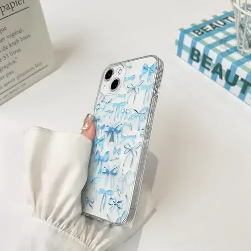 NITITOP Compatible with iPhone 13 Mini Case Cute Clear Bowknot Design for Women Girls Blue Bow Ribbon Soft Fit Slim Stylish Protective Phone Cover - Blue - 5