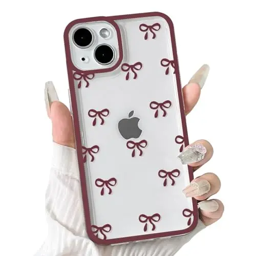 NITITOP Compatible with iPhone 13 Mini Case Cute Clear Durable Ribbon Bowknot Pattern for Girls Women Soft TPU Transparent Full Camera Lens Shockproof Protective Phone Cover - Wine Red 