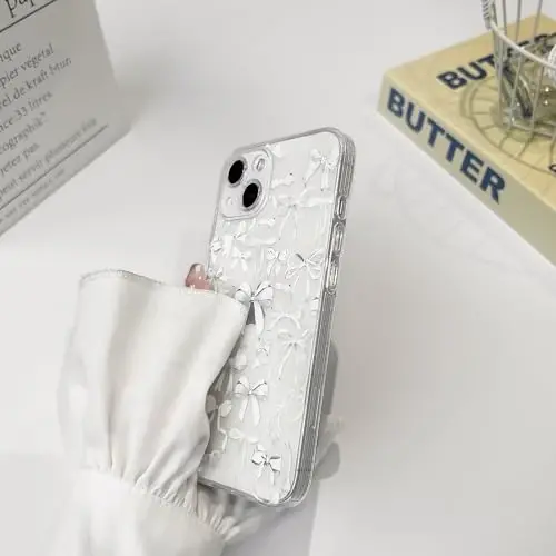 NITITOP Compatible with iPhone 13 Mini Case Cute Clear Bowknot Design for Women Girls White Bow Ribbon Soft Fit Slim Stylish Protective Phone Cover - White - 5