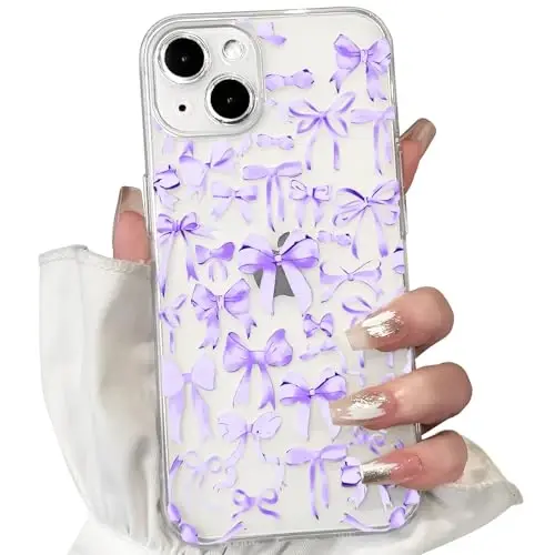 NITITOP Compatible with iPhone 13 Mini Case Cute Clear Bowknot Design for Women Girls Purple Bow Ribbon Soft Fit Slim Stylish Protective Phone Cover - Purple - 1