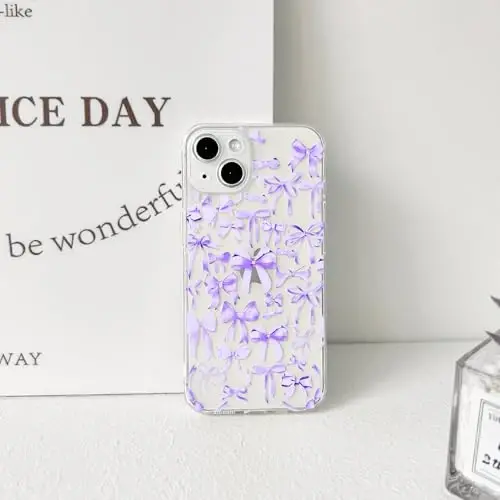 NITITOP Compatible with iPhone 13 Mini Case Cute Clear Bowknot Design for Women Girls Purple Bow Ribbon Soft Fit Slim Stylish Protective Phone Cover - Purple - 5