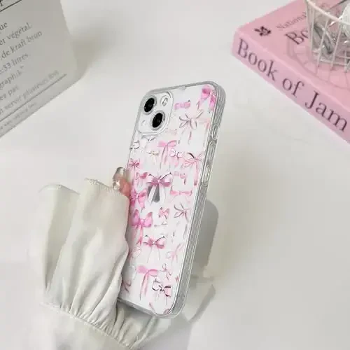 NITITOP Compatible with iPhone 13 Mini Case Cute Clear Bowknot Design for Women Girls Pink Bow Ribbon Soft Fit Slim Stylish Protective Phone Cover - Pink - 5