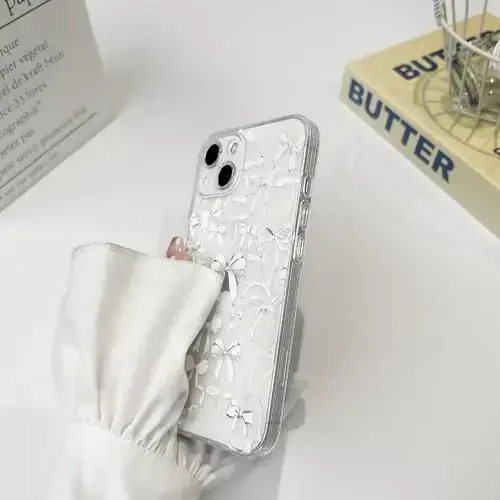 NITITOP iPhone 13 Mini uchun mos keladigan chexol, ayollar qizlar uchun yoqimli shaffof bantli dizayn, oq bantli lenta, yumshoq, ingichka, zamonaviy himoya telefon qopqog'i - Oq - 5