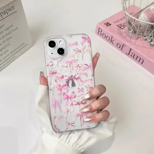 NITITOP iPhone 13 Mini uchun mos keladigan g'ilof, ayollar qizlar uchun yoqimli tiniq kamon dizayni, pushti kamon lenta yumshoq ingichka zamonaviy himoya telefon qopqog'i - pushti - 3