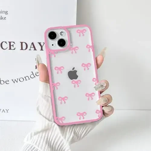 NITITOP iPhone 13 Mini uchun mos keladigan g‘ilof Chiroyli tiniq chidamli lenta kamonchasi naqshli qizlar ayollar uchun yumshoq TPU shaffof to‘liq kamera linzalari zarbga chidamli himoya telefon qopqog‘i - pushti qizil - 6