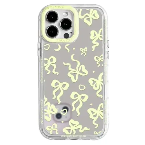 NITITOP Compatible with iPhone 13 Pro Case Cute Mirror Bow Love Heart Pattern for Women Girls Ribbon Design Shockproof Silver Protective Phone Cover - Yellow Bow - NITITOP