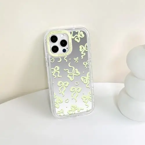 NITITOP Compatible with iPhone 13 Pro Case Cute Mirror Bow Love Heart Pattern for Women Girls Ribbon Design Shockproof Silver Protective Phone Cover - Yellow Bow - 11