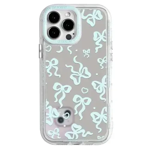 NITITOP Compatible with iPhone 13 Pro Case Cute Mirror Bow Love Heart Pattern for Women Girls Ribbon Design Shockproof Silver Protective Phone Cover - Blue Bow 