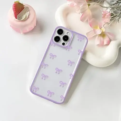 NITITOP Compatible with iPhone 13 Pro Case Cute Clear Durable Ribbon Bowknot Pattern for Girls Women Soft TPU Transparent Full Camera Lens Shockproof Protective Phone Cover - Purple - 2