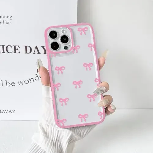 NITITOP Compatible with iPhone 13 Pro Case Cute Clear Durable Ribbon Bowknot Pattern for Girls Women Soft TPU Transparent Full Camera Lens Shockproof Protective Phone Cover - Rose Red - 6