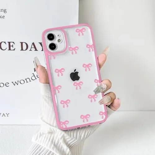 NITITOP Compatible with iPhone 12 Case Cute Clear Durable Ribbon Bowknot Pattern for Girls Women Soft TPU Transparent Full Camera Lens Shockproof Protective Phone Cover - Rose Red 