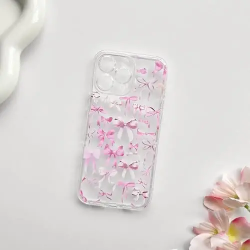 NITITOP Compatible with iPhone 13 Pro Case Cute Clear Bowknot Design for Women Girls Pink Bow Ribbon Soft Fit Slim Stylish Protective Phone Cover - Pink - 4