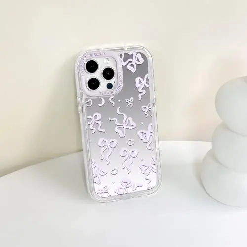 NITITOP Compatible with iPhone 13 Pro Max Case Cute Mirror Bow Love Heart Pattern for Women Girls Ribbon Design Shockproof Silver Protective Phone Cover - Pink Purple Bow - 7