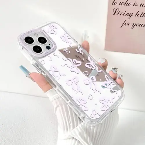 NITITOP Compatible with iPhone 13 Pro Max Case Cute Mirror Bow Love Heart Pattern for Women Girls Ribbon Design Shockproof Silver Protective Phone Cover - Pink Purple Bow - 2