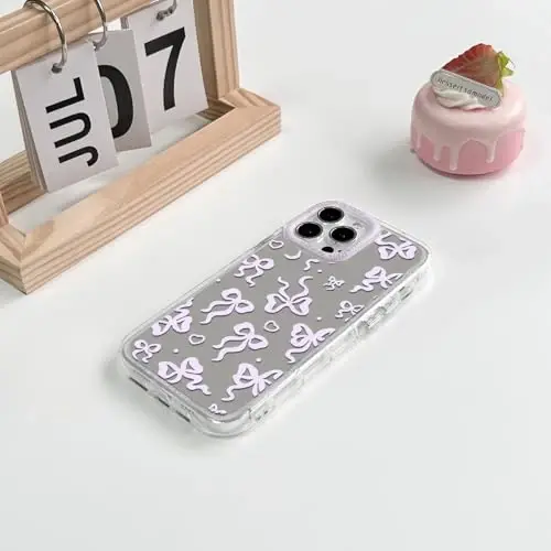 NITITOP Compatible with iPhone 13 Pro Max Case Cute Mirror Bow Love Heart Pattern for Women Girls Ribbon Design Shockproof Silver Protective Phone Cover - Pink Purple Bow - 4