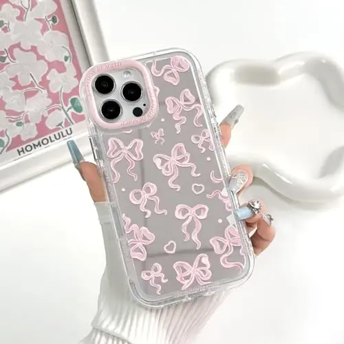 NITITOP Compatible with iPhone 13 Pro Max Case Cute Mirror Bow Love Heart Pattern for Women Girls Ribbon Design Shockproof Silver Protective Phone Cover - Light Pink Bow - 3