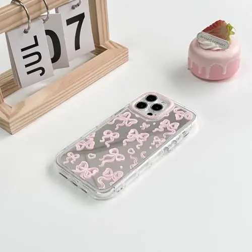 NITITOP Compatible with iPhone 13 Pro Max Case Cute Mirror Bow Love Heart Pattern for Women Girls Ribbon Design Shockproof Silver Protective Phone Cover - Light Pink Bow - 4