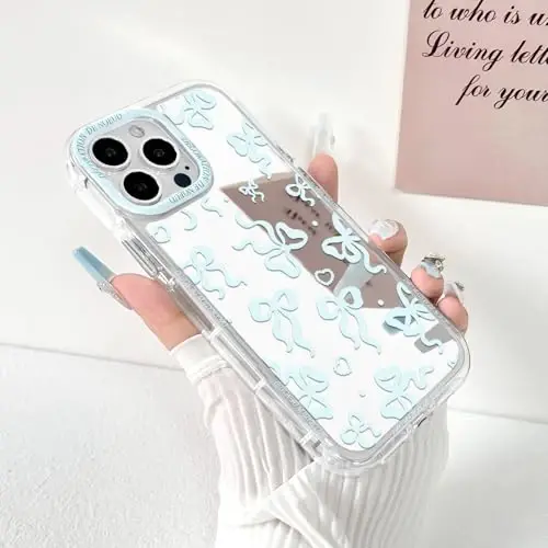 NITITOP Compatible with iPhone 13 Pro Max Case Cute Mirror Bow Love Heart Pattern for Women Girls Ribbon Design Shockproof Silver Protective Phone Cover - Blue Bow - 2