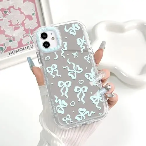 NITITOP Compatible with iPhone 13 Pro Max Case Cute Mirror Bow Love Heart Pattern for Women Girls Ribbon Design Shockproof Silver Protective Phone Cover - Blue Bow - 3