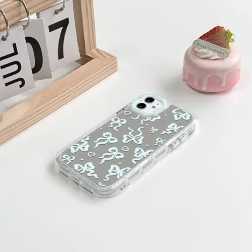 NITITOP Compatible with iPhone 13 Pro Max Case Cute Mirror Bow Love Heart Pattern for Women Girls Ribbon Design Shockproof Silver Protective Phone Cover - Blue Bow - 4