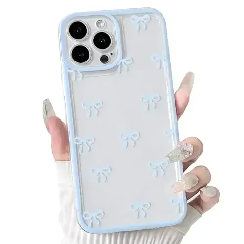 NITITOP Compatible with iPhone 13 Pro Max Case Cute Clear Durable Ribbon Bowknot Pattern for Girls Women Soft TPU Transparent Full Camera Lens Shockproof Protective Phone Cover - Blue - 1