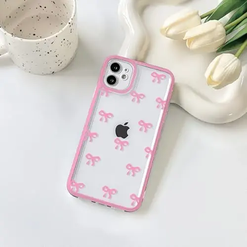 NITITOP iPhone 13 Pro Max uchun g'ilof, chiroyli tiniq bardoshli lenta kamonchasi naqshli qizlar ayollar uchun yumshoq TPU shaffof to'liq kamera linzalari zarbga chidamli himoya telefon qopqog'i - och qizil - NITITOP (1)