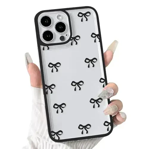 NITITOP iPhone 13 Pro Max uchun mos keladigan chexol, qizlar va ayollar uchun chiroyli shaffof bardoshli lenta kamon naqshli yumshoq TPU shaffof to'liq kamera linzalari zarbga chidamli himoya telefon qopqog'i - qora 