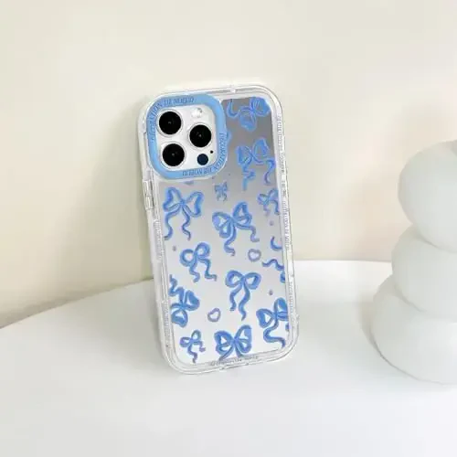 NITITOP iPhone 13 Pro Max uchun mos keladigan g'ilof, ayollar va qizlar uchun yoqimli oyna kamon sevgi yurak naqshli, lenta dizayni zarbaga chidamli kumush himoya telefon qopqog'i - Indigo Blue Bow - 7