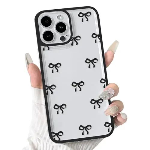 NITITOP iPhone 13 Pro uchun g'ilof bilan mos keladi, qizlar va ayollar uchun yoqimli tiniq chidamli lenta kamon naqshli yumshoq TPU shaffof to'liq kamera linzalari zarbga chidamli himoya telefon qopqog'i - qora - 1