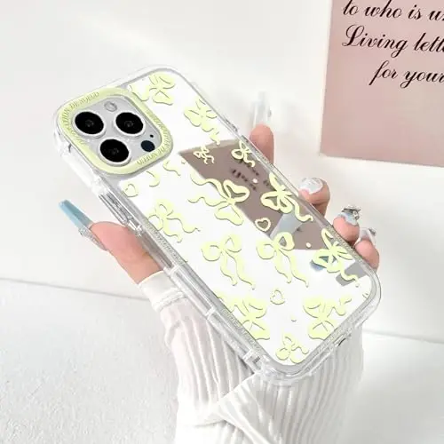 NITITOP iPhone 13 Pro uchun mos keladigan g'ilof, ayollar va qizlar uchun yoqimli oyna, kamon, yurak naqshli, lental dizayni, zarbaga chidamli kumush himoya telefon qopqog'i - Sariq kamon - 2