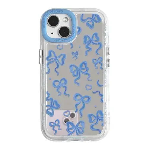 NITITOP iPhone 13 uchun mos keladigan g'ilof Ayollar qizlar uchun yoqimli oyna kamon sevgi yurak naqshli lenta dizayni zarbga chidamli kumush himoya telefon qopqog'i - Indigo ko'k kamon 