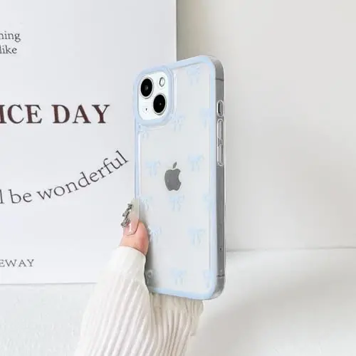 NITITOP iPhone 13 uchun mos keladigan g'ilof Chiroyli shaffof bardoshli lenta kamon naqshli qizlar uchun ayollar yumshoq TPU shaffof to'liq kamera linzalari zarbga chidamli himoya telefon qopqog'i - Moviy - 5