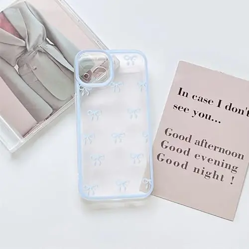 NITITOP iPhone 13 uchun mos keladigan g'ilof Chiroyli shaffof bardoshli lenta kamon naqshli qizlar uchun ayollar yumshoq TPU shaffof to'liq kamera linzalari zarbga chidamli himoya telefon qopqog'i - Moviy - 3