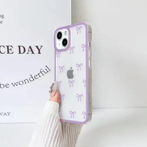 NITITOP iPhone 13 uchun mos keladigan g'ilof Chiroyli tiniq bardoshli lenta kamonli naqsh Qizlar uchun Ayollar Yumshoq TPU Shaffof to'liq kamera linzalari Zarbadan himoya qiluvchi telefon qopqog'i - Binafsha - 5