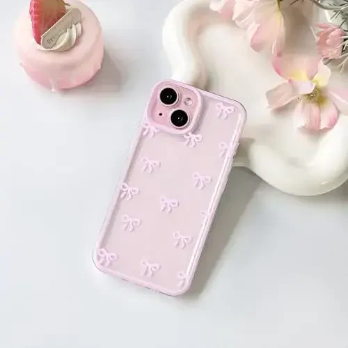 NITITOP iPhone 13 uchun mos keladigan g‘ilof Qizlar va ayollar uchun yoqimli, tiniq, bardoshli lenta bantikli naqshli yumshoq TPU shaffof to‘liq kamera linzali zarbaga chidamli himoya telefon qopqog‘i - pushti - NITITOP (1)